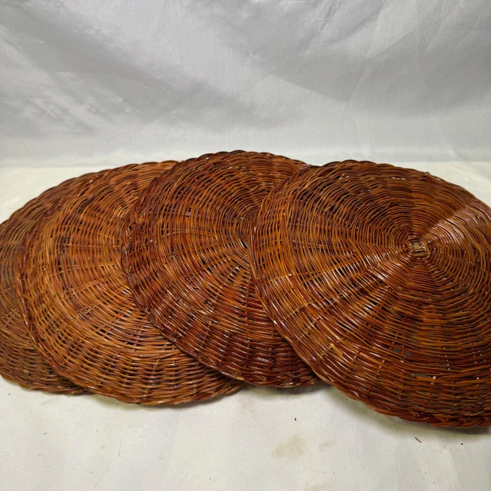 Vintage Woven Wicker Rattan Placemats Set of 4 Round Brown Braided Edge Chargers